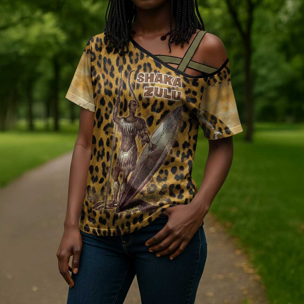 Shaka Zulu Cross Shoulder Shirt Leopard Print Design Traditional Warrior Spear and Shield Illustration Tribal King - Wonder Print Shop