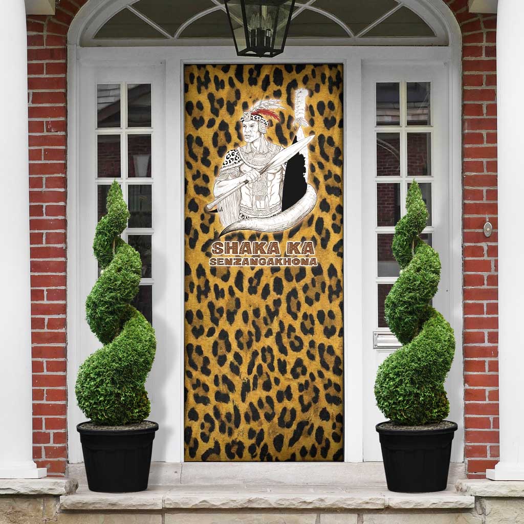Shaka Zulu Door Cover Leopard Print Design Traditional Warrior Spear and Shield Illustration Tribal King - Wonder Print Shop