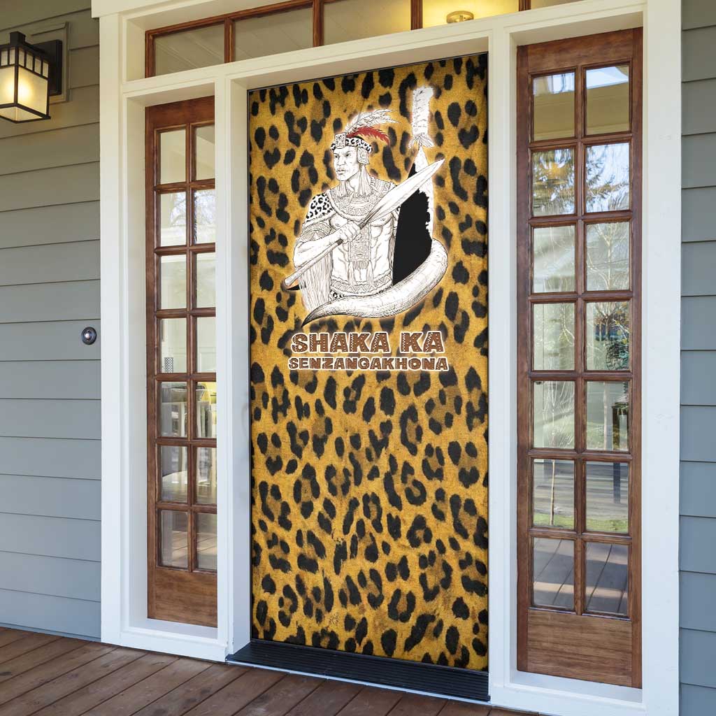 Shaka Zulu Door Cover Leopard Print Design Traditional Warrior Spear and Shield Illustration Tribal King - Wonder Print Shop