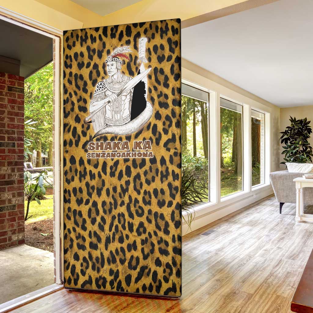 Shaka Zulu Door Cover Leopard Print Design Traditional Warrior Spear and Shield Illustration Tribal King - Wonder Print Shop