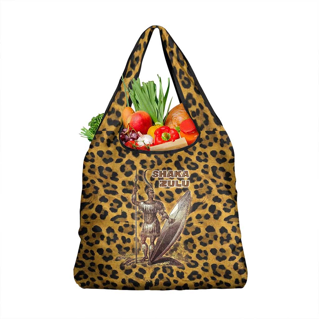 Shaka Zulu Grocery Bag Leopard Print Design Traditional Warrior Spear and Shield Illustration Tribal King - Wonder Print Shop