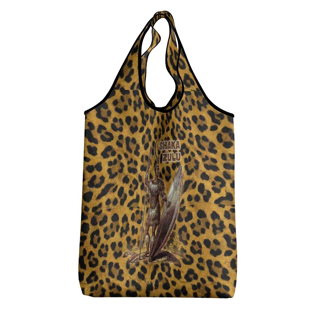 Shaka Zulu Grocery Bag Leopard Print Design Traditional Warrior Spear and Shield Illustration Tribal King - Wonder Print Shop