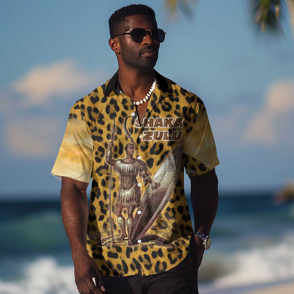 Shaka Zulu Hawaiian Shirt Leopard Print Design Traditional Warrior Spear and Shield Illustration Tribal King - Wonder Print Shop