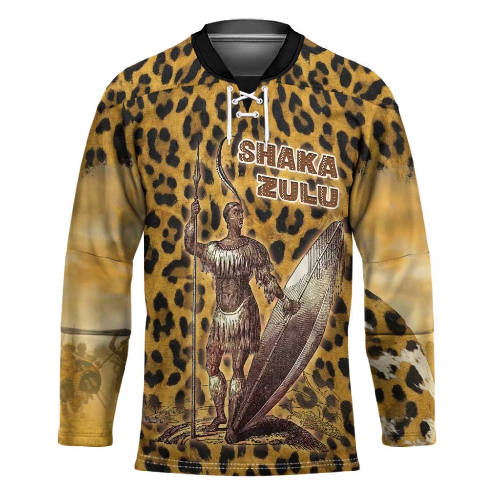 Shaka Zulu Hockey Jersey Leopard Print Design Traditional Warrior Spear and Shield Illustration Tribal King - Wonder Print Shop