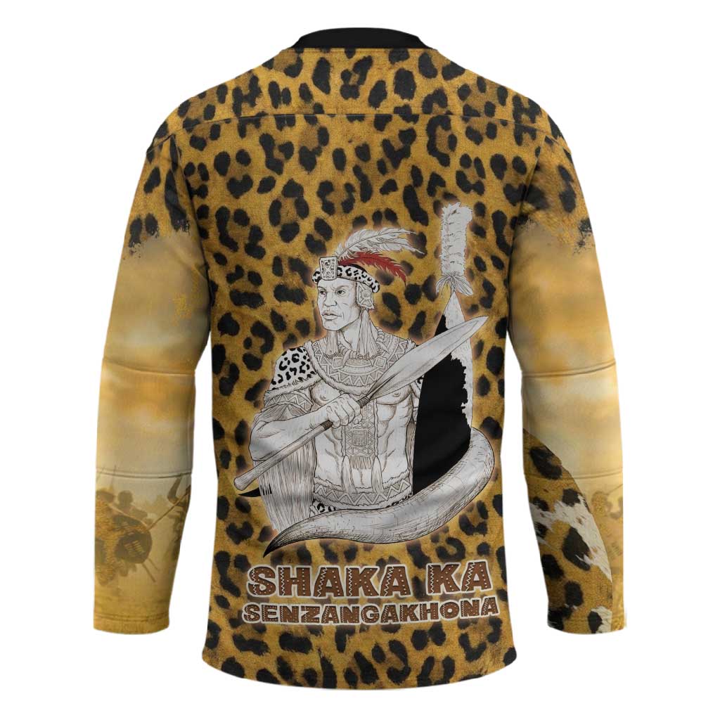 Shaka Zulu Hockey Jersey Leopard Print Design Traditional Warrior Spear and Shield Illustration Tribal King - Wonder Print Shop