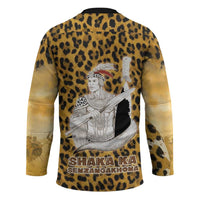 Shaka Zulu Hockey Jersey Leopard Print Design Traditional Warrior Spear and Shield Illustration Tribal King - Wonder Print Shop