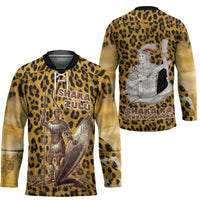 Shaka Zulu Hockey Jersey Leopard Print Design Traditional Warrior Spear and Shield Illustration Tribal King - Wonder Print Shop
