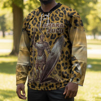 Shaka Zulu Hockey Jersey Leopard Print Design Traditional Warrior Spear and Shield Illustration Tribal King - Wonder Print Shop
