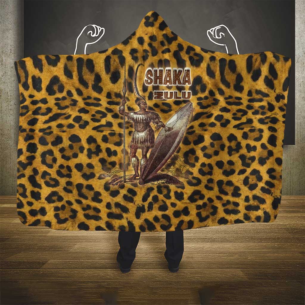 Shaka Zulu Hooded Blanket Leopard Print Design Traditional Warrior Spear and Shield Illustration Tribal King - Wonder Print Shop