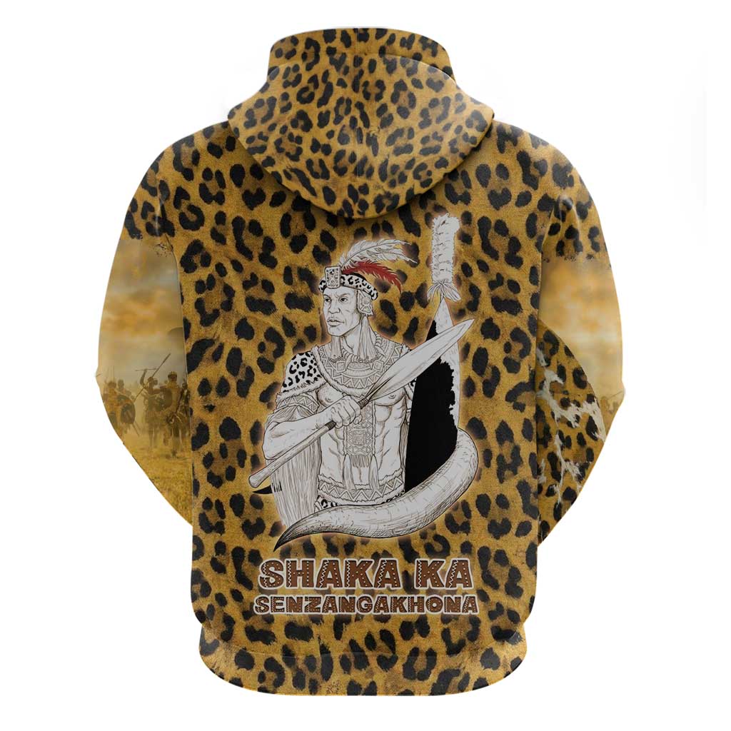 Shaka Zulu Hoodie Leopard Print Design Traditional Warrior Spear and Shield Illustration Tribal King - Wonder Print Shop