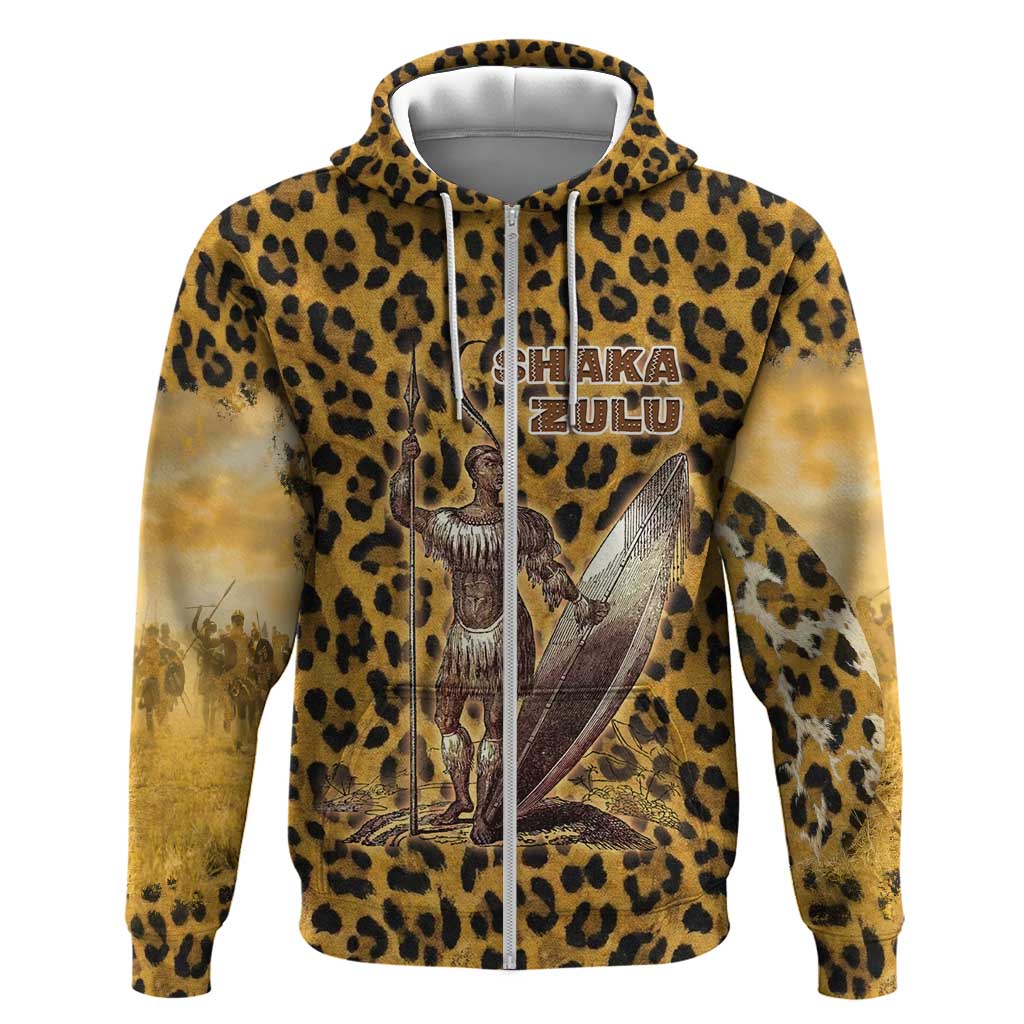 Shaka Zulu Hoodie Leopard Print Design Traditional Warrior Spear and Shield Illustration Tribal King - Wonder Print Shop