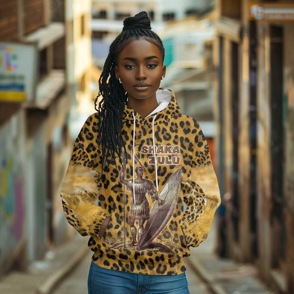 Shaka Zulu Hoodie Leopard Print Design Traditional Warrior Spear and Shield Illustration Tribal King - Wonder Print Shop