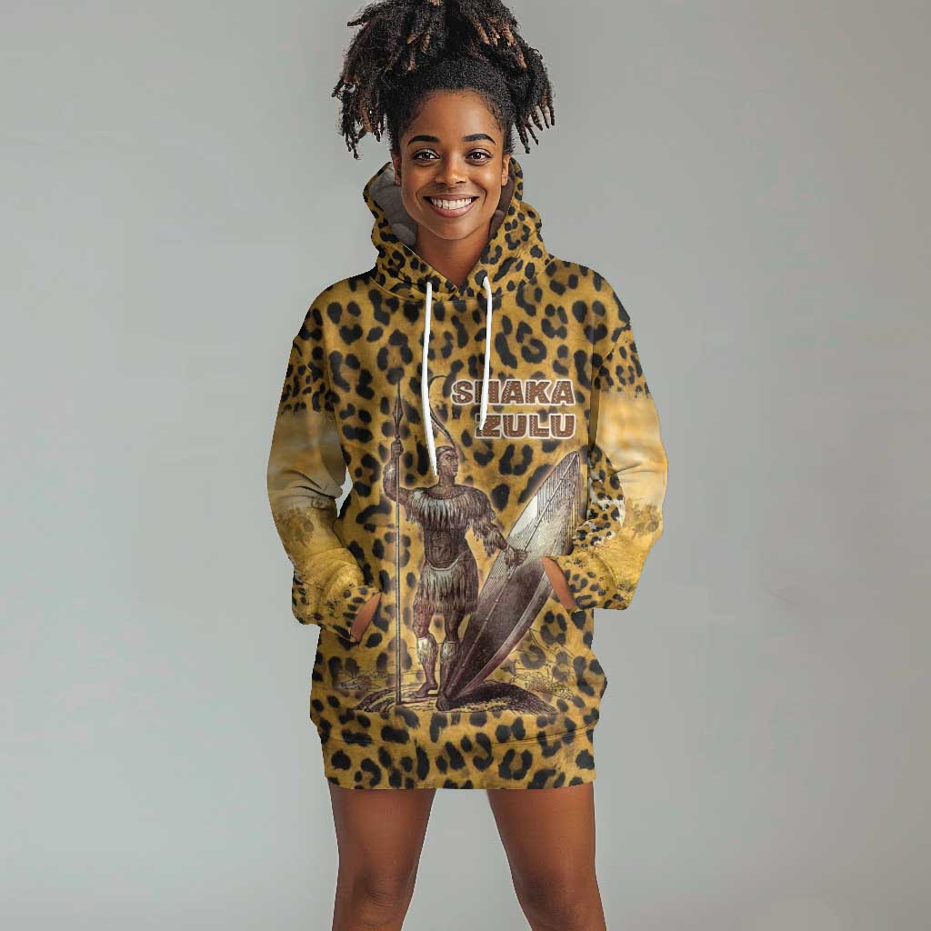 Shaka Zulu Hoodie Dress Leopard Print Design Traditional Warrior Spear and Shield Illustration Tribal King - Wonder Print Shop