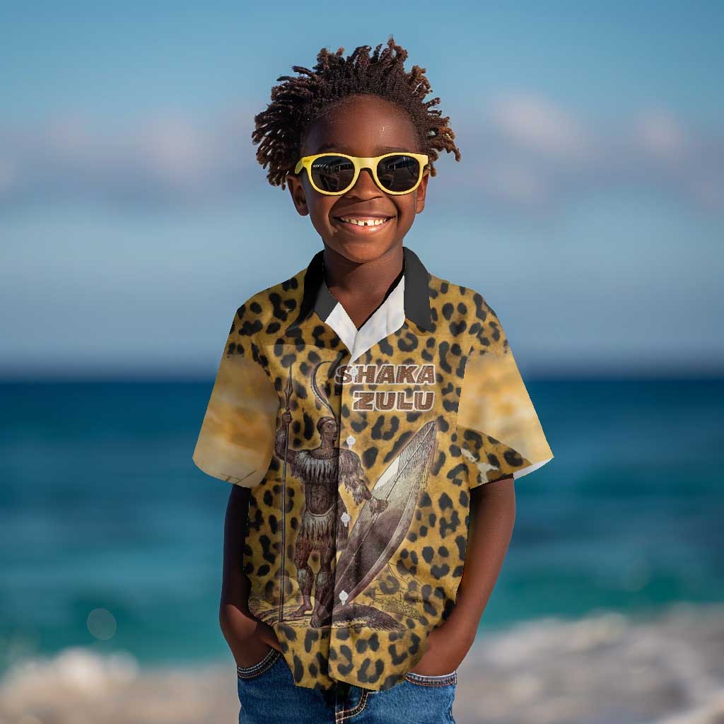 Shaka Zulu Kid Hawaiian Shirt Leopard Print Design Traditional Warrior Spear and Shield Illustration Tribal King - Wonder Print Shop