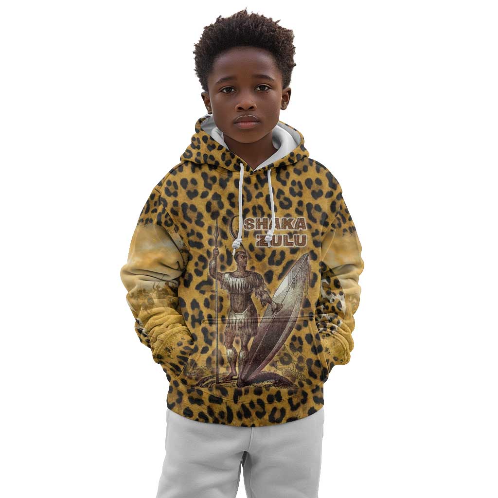 Shaka Zulu Kid Hoodie Leopard Print Design Traditional Warrior Spear and Shield Illustration Tribal King - Wonder Print Shop