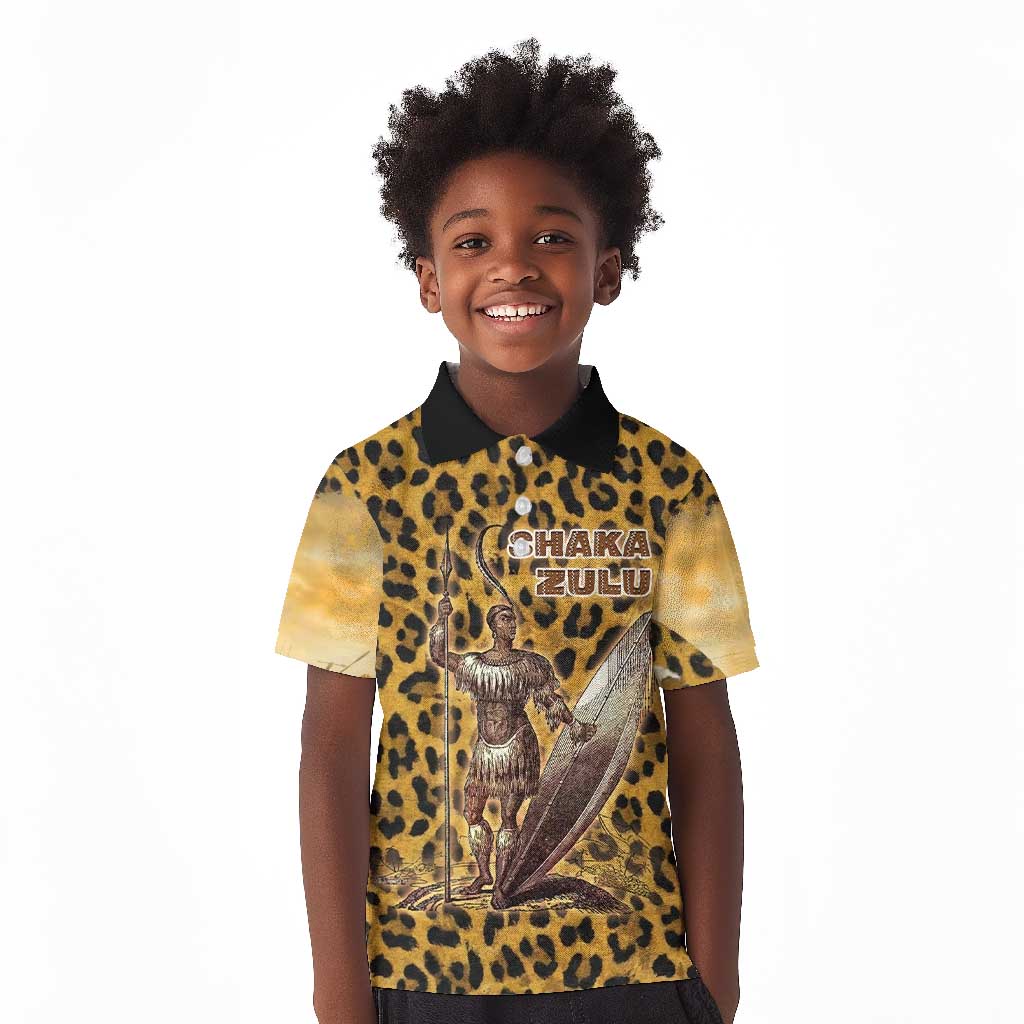 Shaka Zulu Kid Polo Shirt Leopard Print Design Traditional Warrior Spear and Shield Illustration Tribal King - Wonder Print Shop