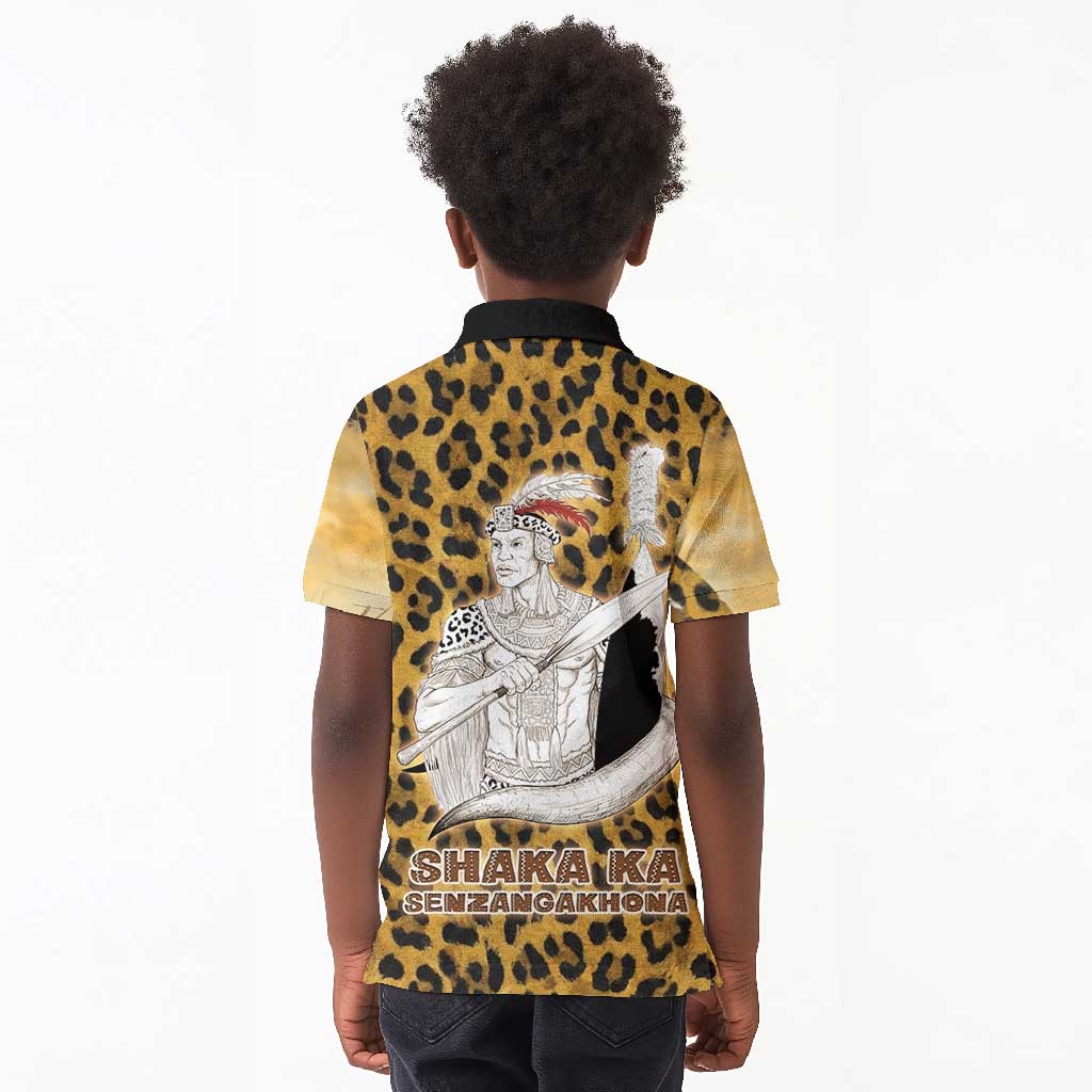 Shaka Zulu Kid Polo Shirt Leopard Print Design Traditional Warrior Spear and Shield Illustration Tribal King - Wonder Print Shop