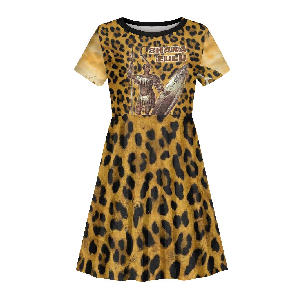 Shaka Zulu Kid Short Sleeve Dress Leopard Print Design Traditional Warrior Spear and Shield Illustration Tribal King - Wonder Print Shop