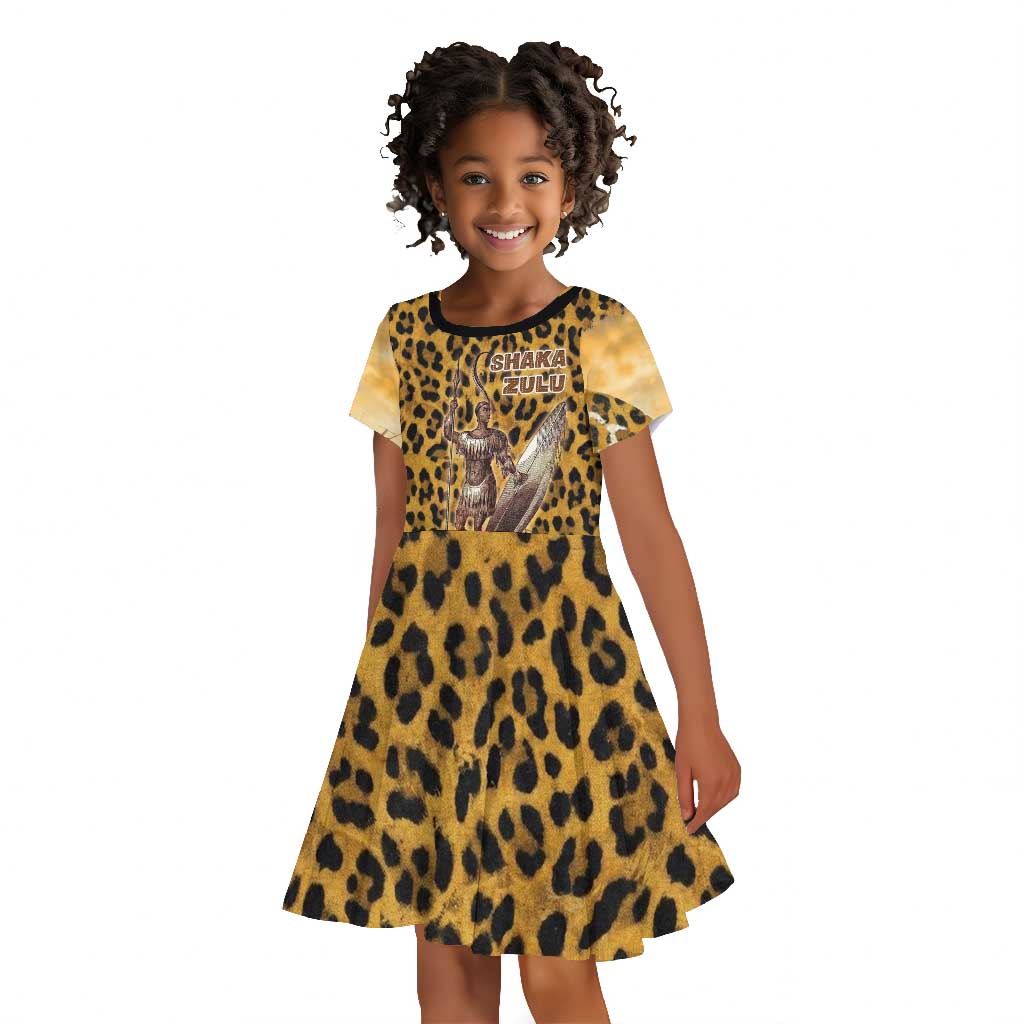 Shaka Zulu Kid Short Sleeve Dress Leopard Print Design Traditional Warrior Spear and Shield Illustration Tribal King - Wonder Print Shop