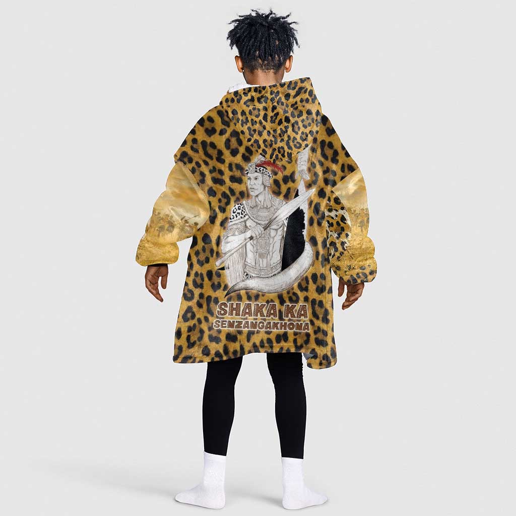 Shaka Zulu Kid Wearable Blanket Hoodie Leopard Print Design Traditional Warrior Spear and Shield Illustration Tribal King - Wonder Print Shop