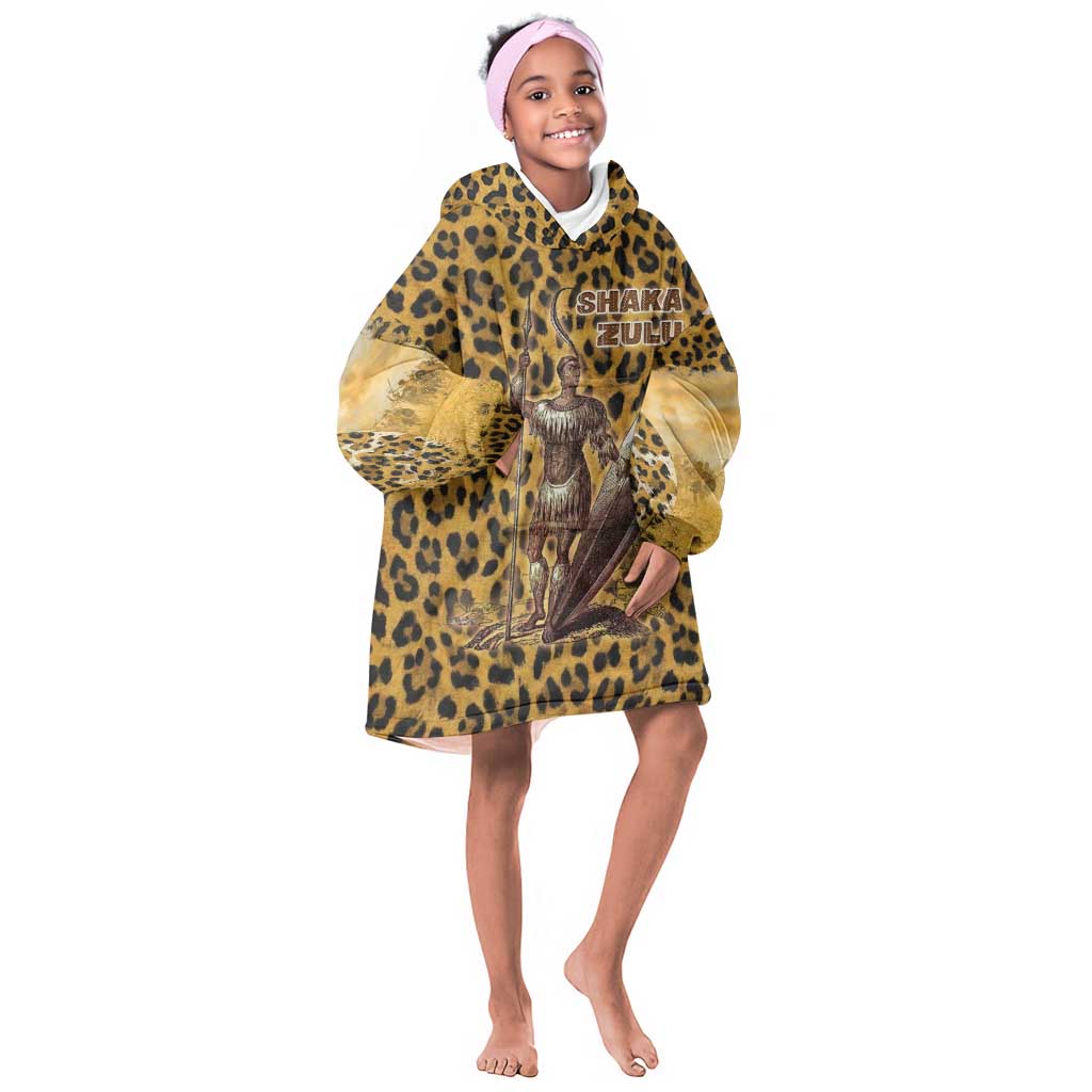 Shaka Zulu Kid Wearable Blanket Hoodie Leopard Print Design Traditional Warrior Spear and Shield Illustration Tribal King - Wonder Print Shop