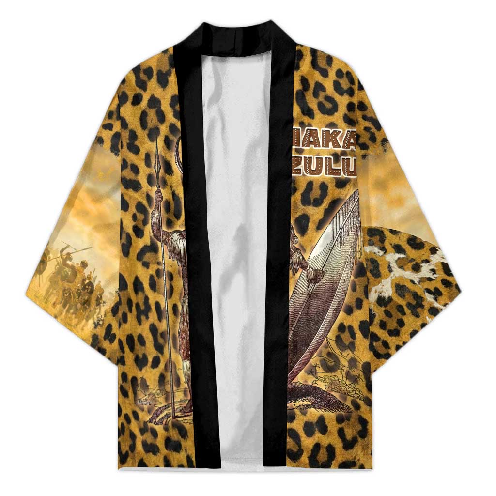 Shaka Zulu Kimono Leopard Print Design Traditional Warrior Spear and Shield Illustration Tribal King - Wonder Print Shop