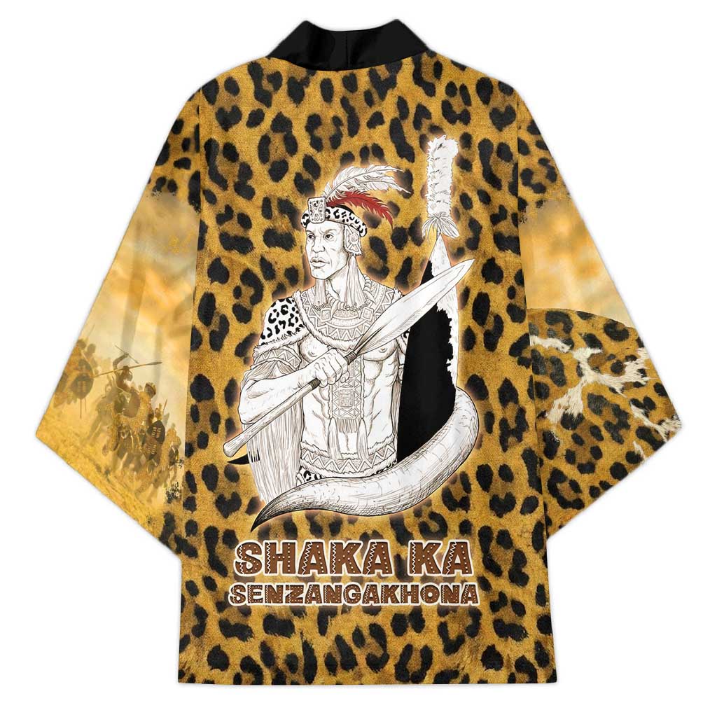 Shaka Zulu Kimono Leopard Print Design Traditional Warrior Spear and Shield Illustration Tribal King - Wonder Print Shop