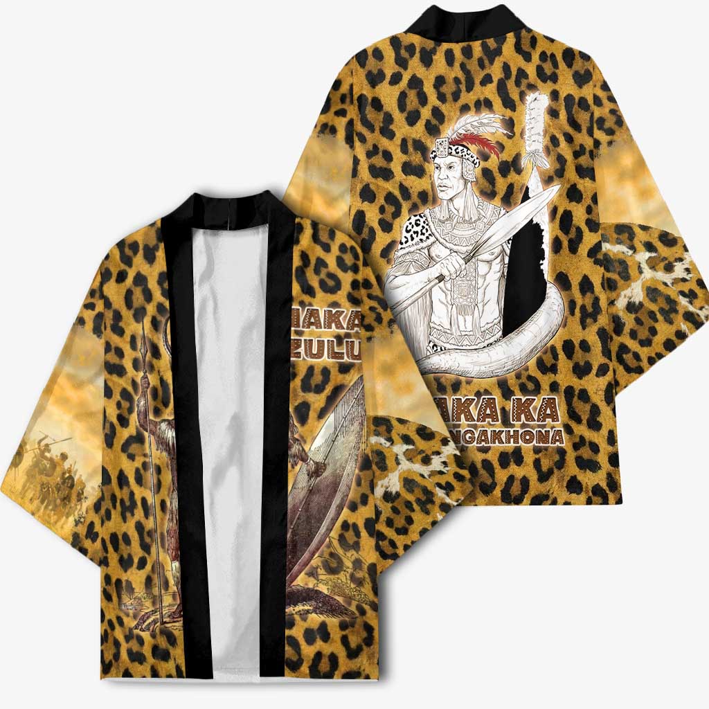 Shaka Zulu Kimono Leopard Print Design Traditional Warrior Spear and Shield Illustration Tribal King - Wonder Print Shop