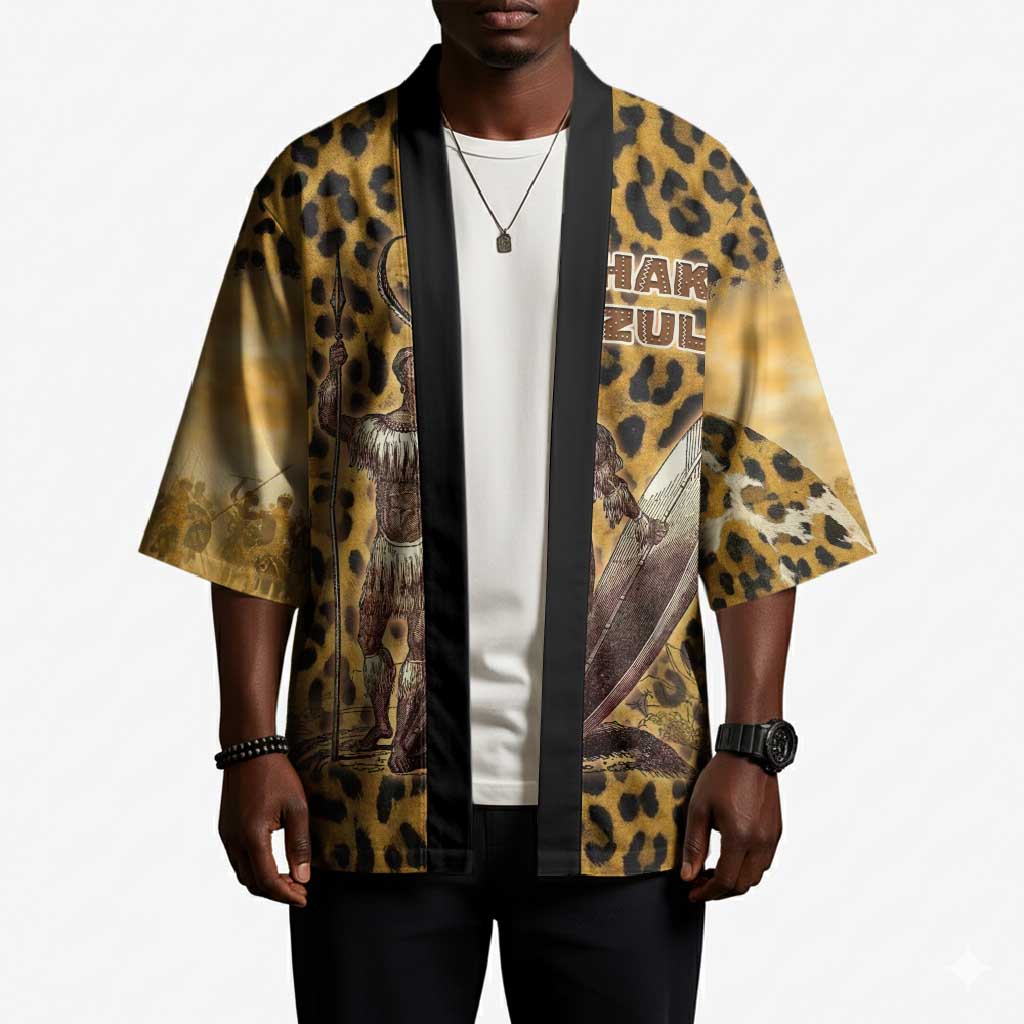 Shaka Zulu Kimono Leopard Print Design Traditional Warrior Spear and Shield Illustration Tribal King - Wonder Print Shop