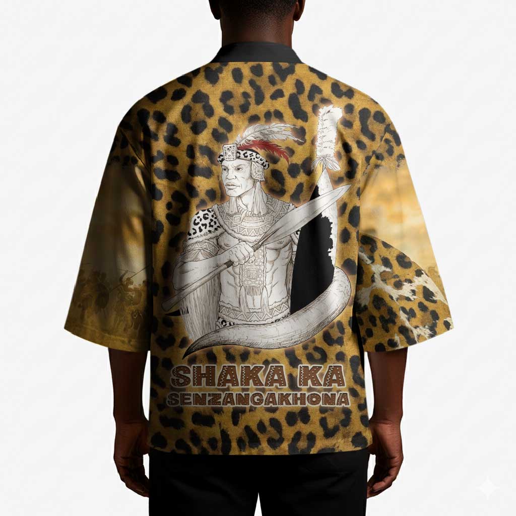 Shaka Zulu Kimono Leopard Print Design Traditional Warrior Spear and Shield Illustration Tribal King - Wonder Print Shop