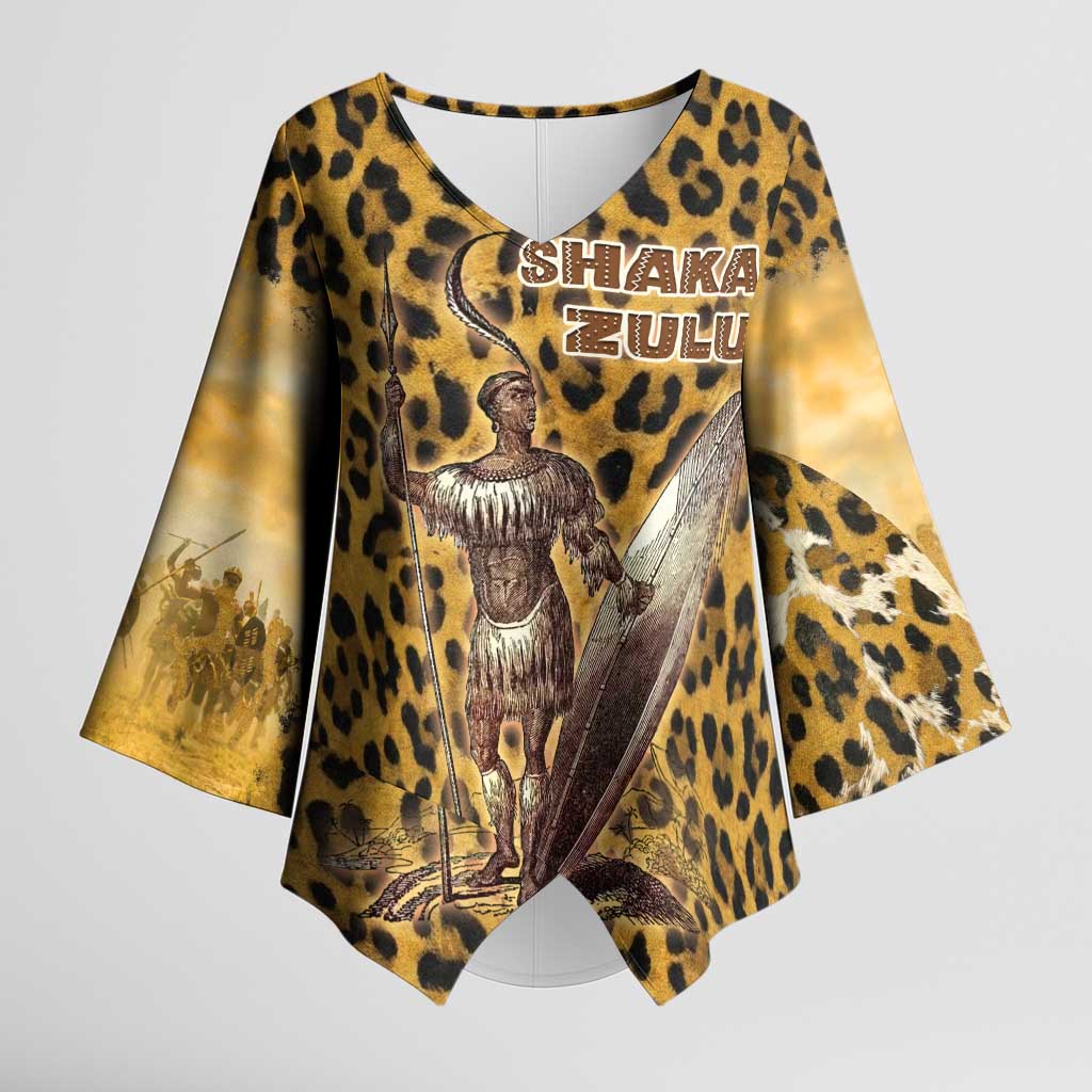 Shaka Zulu Kimono Sleeve Blouse Leopard Print Design Traditional Warrior Spear and Shield Illustration Tribal King - Wonder Print Shop