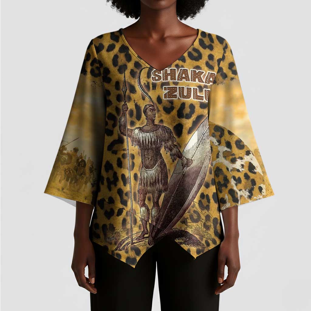 Shaka Zulu Kimono Sleeve Blouse Leopard Print Design Traditional Warrior Spear and Shield Illustration Tribal King - Wonder Print Shop