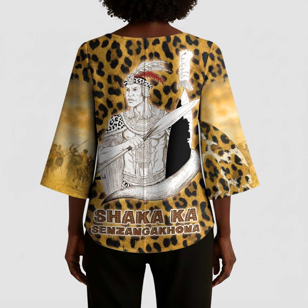 Shaka Zulu Kimono Sleeve Blouse Leopard Print Design Traditional Warrior Spear and Shield Illustration Tribal King - Wonder Print Shop