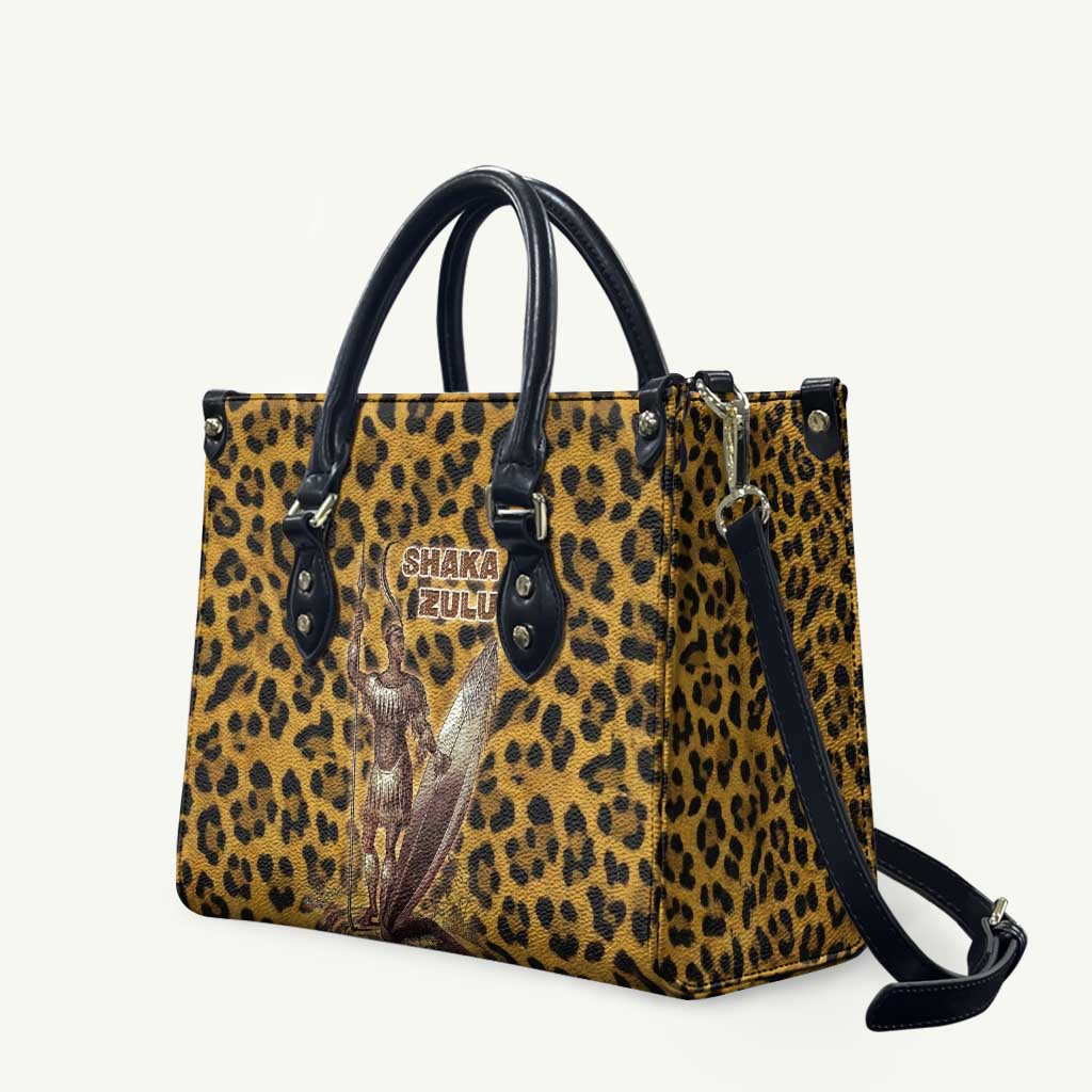 Shaka Zulu Leather Bag Leopard Print Design Traditional Warrior Spear and Shield Illustration Tribal King - Wonder Print Shop