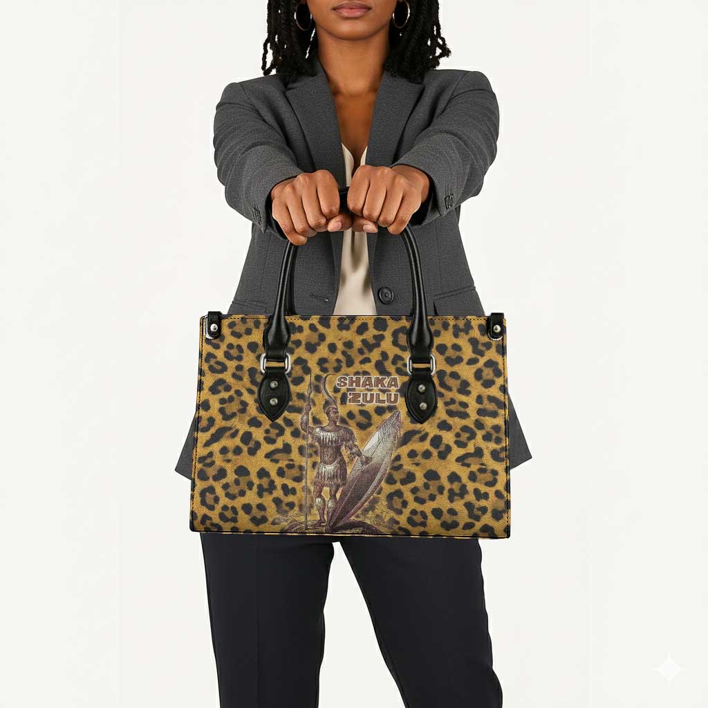 Shaka Zulu Leather Bag Leopard Print Design Traditional Warrior Spear and Shield Illustration Tribal King - Wonder Print Shop