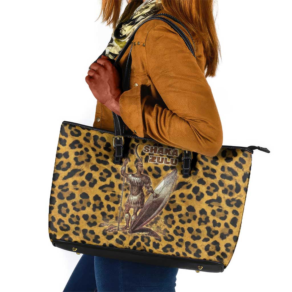 Shaka Zulu Leather Tote Bag Leopard Print Design Traditional Warrior Spear and Shield Illustration Tribal King - Wonder Print Shop