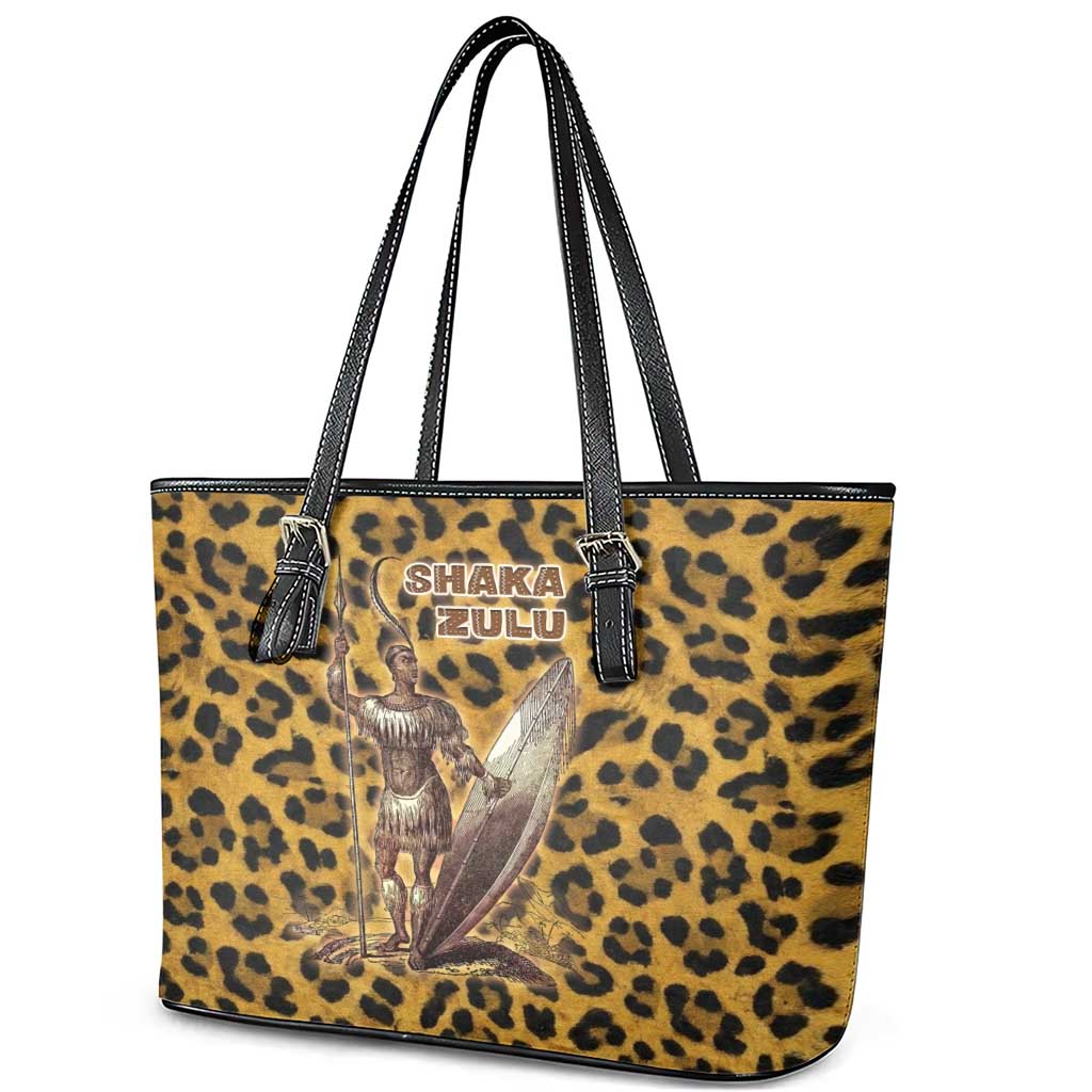 Shaka Zulu Leather Tote Bag Leopard Print Design Traditional Warrior Spear and Shield Illustration Tribal King - Wonder Print Shop
