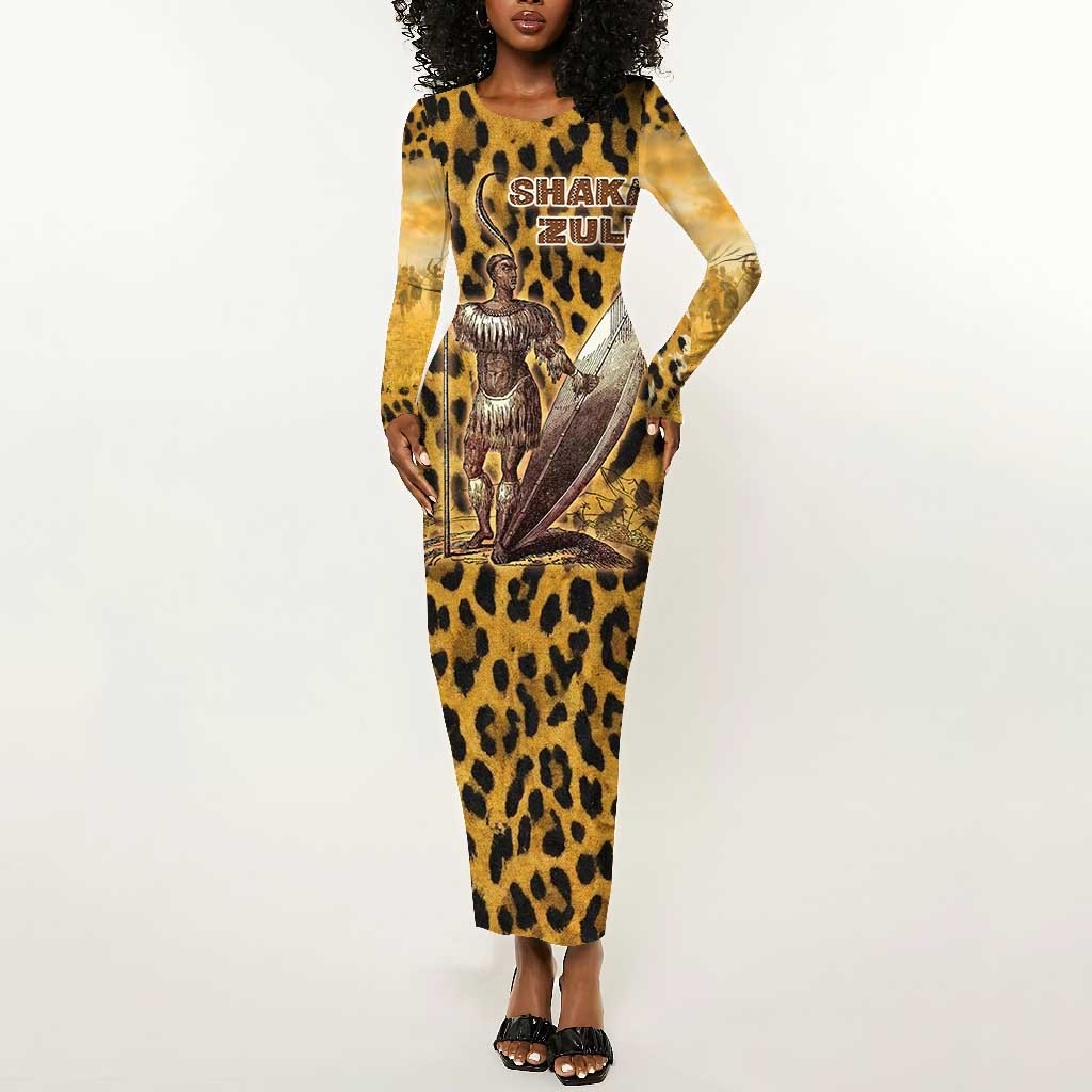 Shaka Zulu Long Sleeve Bodycon Dress Leopard Print Design Traditional Warrior Spear and Shield Illustration Tribal King - Wonder Print Shop