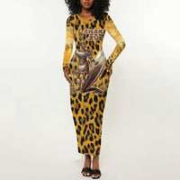 Shaka Zulu Long Sleeve Bodycon Dress Leopard Print Design Traditional Warrior Spear and Shield Illustration Tribal King - Wonder Print Shop