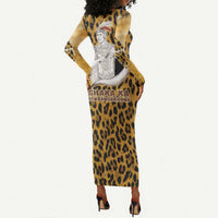 Shaka Zulu Long Sleeve Bodycon Dress Leopard Print Design Traditional Warrior Spear and Shield Illustration Tribal King - Wonder Print Shop