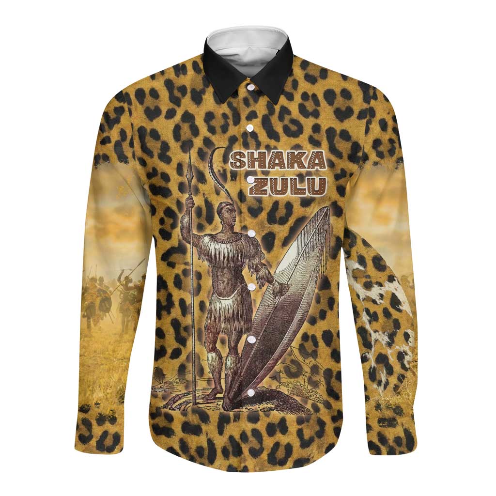 Shaka Zulu Long Sleeve Button Shirt Leopard Print Design Traditional Warrior Spear and Shield Illustration Tribal King - Wonder Print Shop