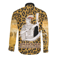 Shaka Zulu Long Sleeve Button Shirt Leopard Print Design Traditional Warrior Spear and Shield Illustration Tribal King - Wonder Print Shop