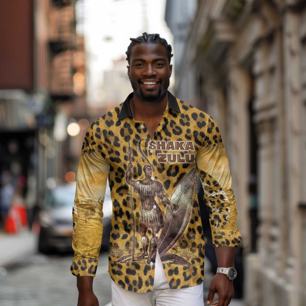 Shaka Zulu Long Sleeve Button Shirt Leopard Print Design Traditional Warrior Spear and Shield Illustration Tribal King - Wonder Print Shop