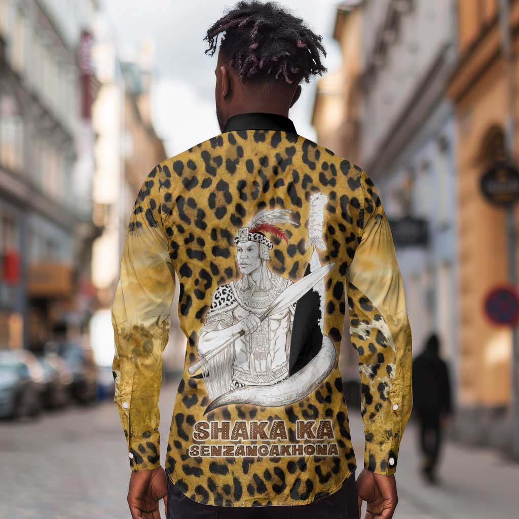 Shaka Zulu Long Sleeve Button Shirt Leopard Print Design Traditional Warrior Spear and Shield Illustration Tribal King - Wonder Print Shop