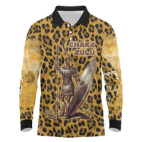 Shaka Zulu Long Sleeve Polo Shirt Leopard Print Design Traditional Warrior Spear and Shield Illustration Tribal King - Wonder Print Shop