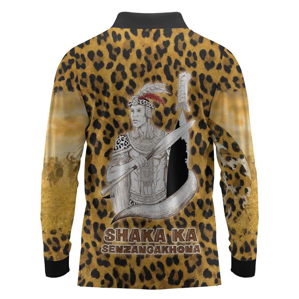 Shaka Zulu Long Sleeve Polo Shirt Leopard Print Design Traditional Warrior Spear and Shield Illustration Tribal King - Wonder Print Shop