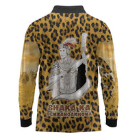 Shaka Zulu Long Sleeve Polo Shirt Leopard Print Design Traditional Warrior Spear and Shield Illustration Tribal King - Wonder Print Shop