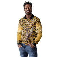 Shaka Zulu Long Sleeve Polo Shirt Leopard Print Design Traditional Warrior Spear and Shield Illustration Tribal King - Wonder Print Shop