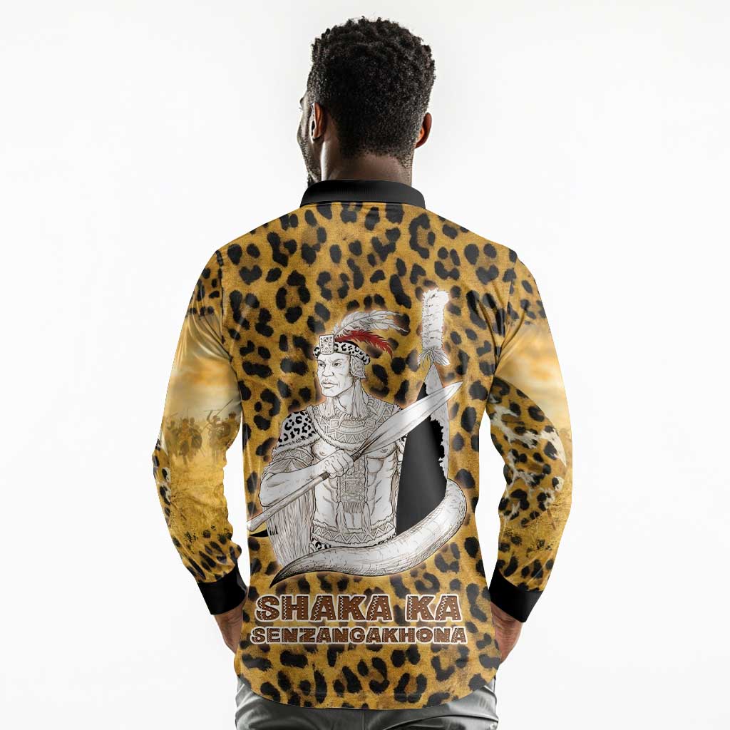 Shaka Zulu Long Sleeve Polo Shirt Leopard Print Design Traditional Warrior Spear and Shield Illustration Tribal King - Wonder Print Shop