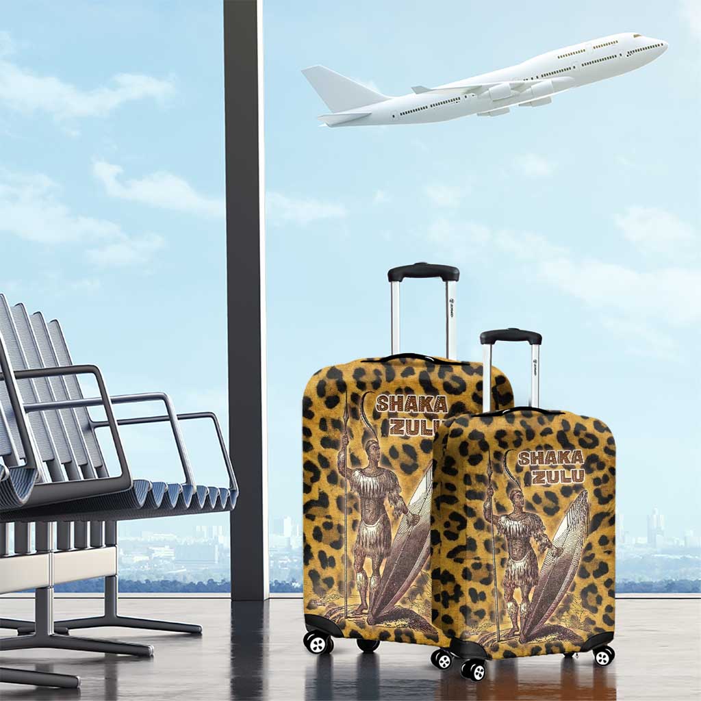 Shaka Zulu Luggage Cover Leopard Print Design Traditional Warrior Spear and Shield Illustration Tribal King - Wonder Print Shop